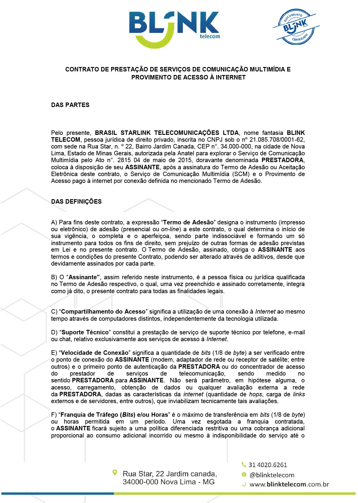 Contrato De Prestação De Serviços Scm E Sva Blink Telecom 3189